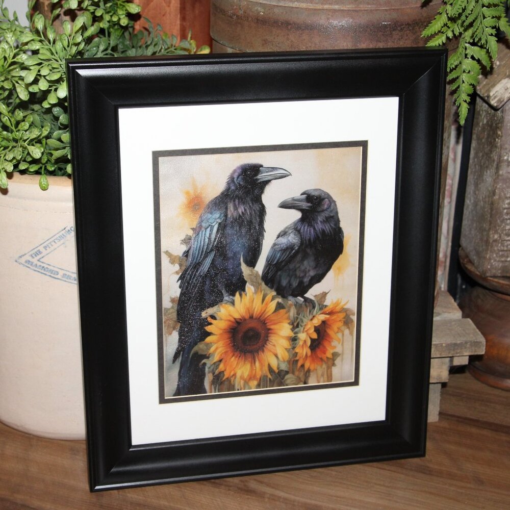 NEW Rustic Black Bird Raven Crow & Sunflowers Farmhouse Wall Decor Picture